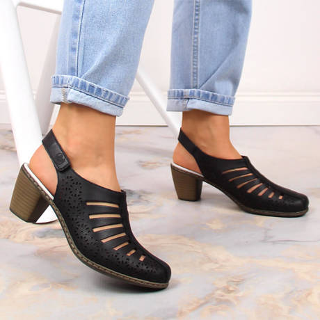 Skórzane komfortowe sandały damskie na obcasie Rieker 40959-00