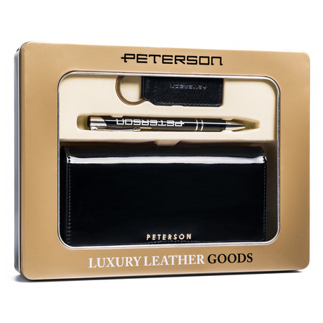 Zestaw prezentowy: skórzany portfel damski czarny, brelok i długopis Peterson